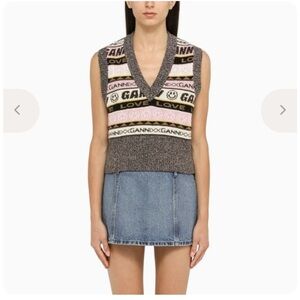 Ganni Waistcoat with Inlays Wool Sweater Vest Smiley Faces Medium